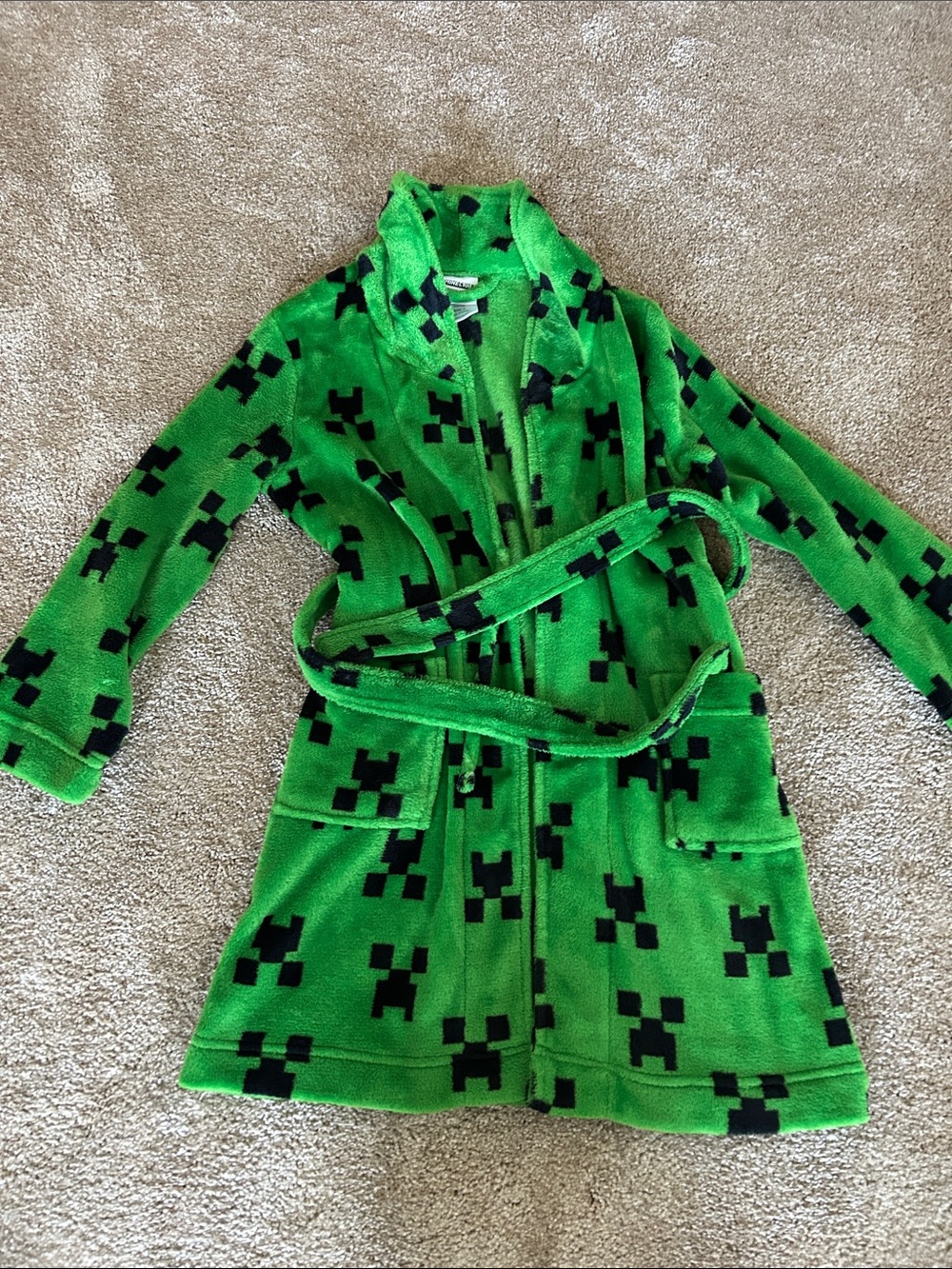 Kids Fleece Robe in Bright Green with Black Pixel Pattern